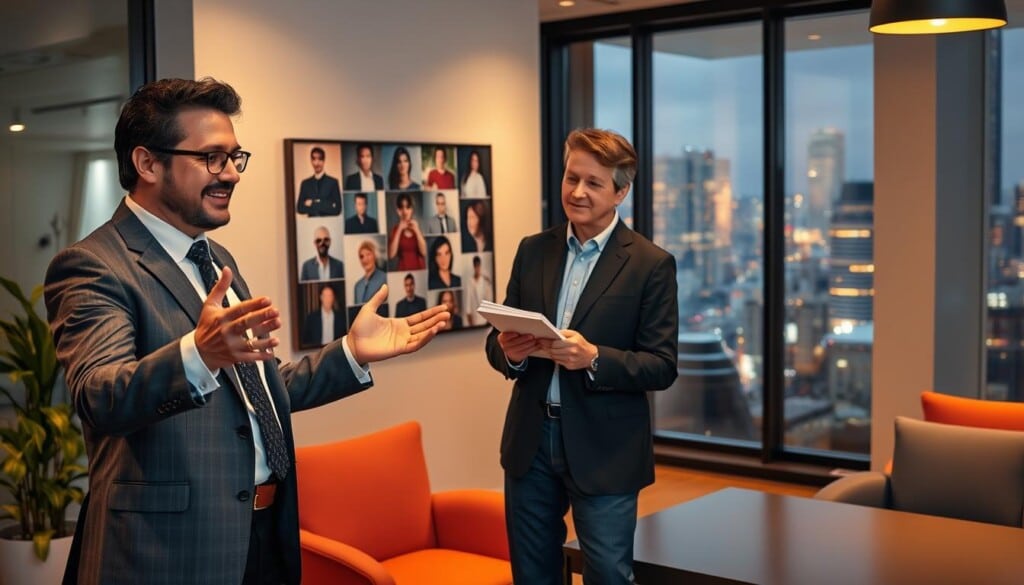 A bustling office setting, with two people in formal attire engaged in a lively discussion. In the foreground, a confident impersonator gestures animatedly, while a marketing professional listens intently, notepad in hand. Warm lighting casts a collaborative atmosphere, conveying a sense of creative partnership. The middle ground features a mood board on the wall, showcasing various celebrity references, suggesting the impersonator's versatility. In the background, a large window offers a glimpse of a vibrant city skyline, hinting at the wider scope of the impersonator's reach and the potential for expanded visibility. The overall scene captures the essence of fruitful collaboration between impersonator and marketer, poised to elevate a captivating tribute act.