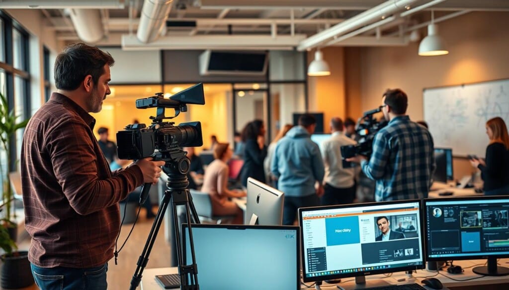 A bustling office space, lit by warm overhead lighting and large windows, showcases a team of videographers hard at work. In the foreground, a director oversees the filming of a high-quality interview, using a professional-grade camera on a sturdy tripod. In the middle ground, editors huddle around computer screens, meticulously reviewing and refining the footage. In the background, a whiteboard displays storyboards and shot lists, as the videographers collaborate to bring the vision to life. The atmosphere is one of focused professionalism, where attention to detail and a commitment to excellence are palpable.