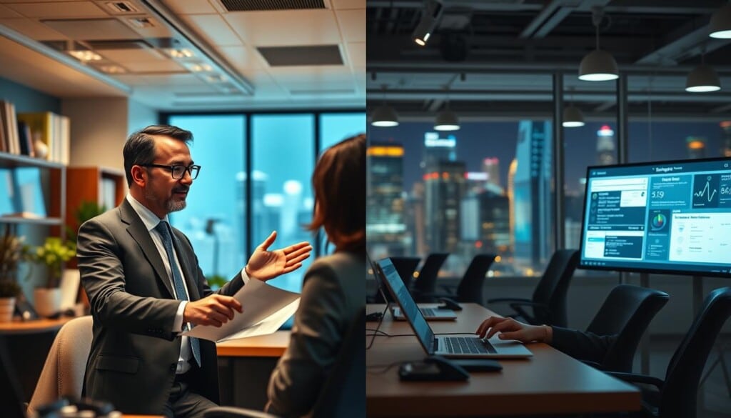 A bustling office with two contrasting scenes: on the left, a cozy local insurance agency filled with personalized service and warm handshakes; on the right, a sleek online broker platform with glowing screens and modern interfaces. The local agent, dressed in a sharp suit, gestures emphatically as they review a policy with a client, while the online broker, clad in casual attire, types rapidly, navigating a complex digital dashboard. In the background, the vibrant city skyline frames the duality, hinting at the changing landscape of the insurance industry. Soft, diffused lighting creates a sense of professionalism and refinement, guiding the viewer's eye through the juxtaposed environments. This image aims to capture the essence of the evolving insurance landscape, where traditional and modern approaches coexist.