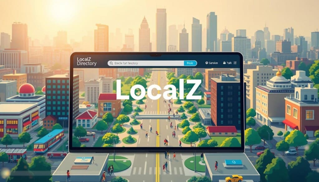 A bustling online directory interface, "LocalZ" is the centerpiece of a vibrant community hub. In the foreground, an intuitive search bar and directory listings allow users to easily navigate local resources and connect with their neighbors. The middle ground features vivid icons, carefully crafted to represent the diverse array of community services available. In the background, a cityscape backdrop showcases the interconnectedness of the communities served, with stylized buildings, parks, and transportation networks. The lighting is warm and inviting, creating a sense of approachability and civic engagement. Soft, diffused lens flares add a touch of modernity to the scene, reflecting the digital nature of the platform. The overall mood exudes a sense of community, empowerment, and seamless connectivity.