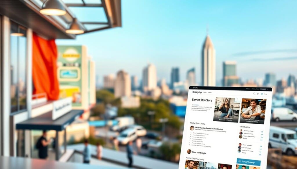 A bustling online directory showcasing a diverse array of local businesses, their service listings displayed in a clean, intuitive interface. The foreground features a sleek, responsive web design with clear category sections and search functionality. The middle ground depicts individual business profiles, complete with detailed service offerings, user ratings, and contact information. In the background, a subtle cityscape provides context, suggesting the directory's comprehensive coverage of the local urban landscape. Soft, diffused lighting creates a modern, approachable atmosphere, while a slightly low camera angle emphasizes the directory's user-centric layout and functionality.