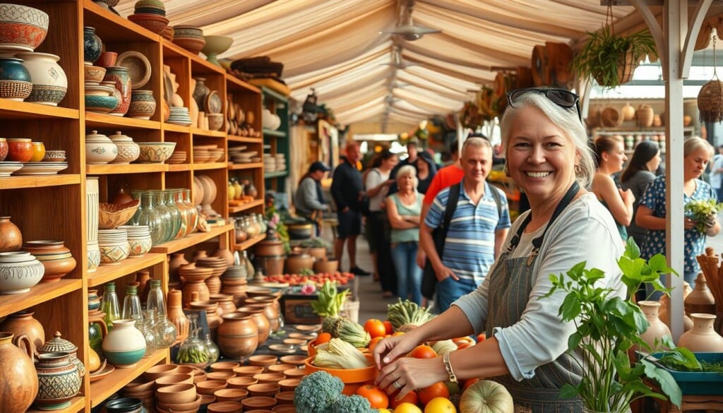 A bustling open-air market, teeming with vibrant stalls showcasing locally-crafted kitchen goods. Wooden shelves display an array of handmade ceramic bowls, intricate glass vases, and rustic clay pots, their textures and colors evoking a sense of artisanal craftsmanship. In the foreground, a smiling vendor arranges a display of fresh, locally-sourced produce, their faces lit by the warm glow of natural light filtering through the market's canopy. The background is dotted with shoppers, their expressions conveying a sense of community and support for the local vendors. An atmosphere of authenticity and small-town charm permeates the scene, encouraging the viewer to engage with and celebrate the local businesses that are the heart of the community.