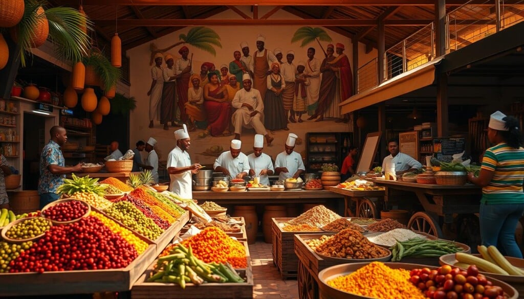 A bustling open-air marketplace in a vibrant Senegalese-inspired setting. In the foreground, an array of colorful local produce and spices, artfully displayed on wooden carts. The middle ground features a group of jovial chefs in traditional garb, preparing delectable dishes using time-honored techniques. In the background, a towering mural depicting the cultural and culinary heritage of Senegal, bathed in warm, golden lighting. Soft shadows and a hint of movement convey the energy and immediacy of the culinary journey. The scene evokes a sense of adventure, discovery, and the fusion of global and local flavors that define the LocalZ dining experience.