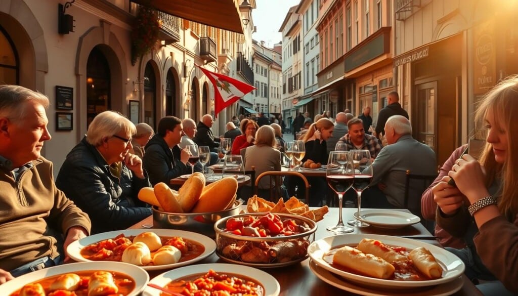 A bustling outdoor cafe in a quaint Hungarian town, with patrons enjoying traditional dishes and local wines. The scene is bathed in warm, golden light, casting a cozy, inviting atmosphere. In the foreground, a spread of hearty goulash, stuffed cabbage rolls, and freshly baked bread adorn the tables. The middle ground features a mix of locals and tourists, engaged in lively conversation. In the background, the charming architecture of historic buildings and cobblestone streets create a sense of timeless elegance. The overall impression is one of authenticity, community, and the joy of shared culinary experiences.