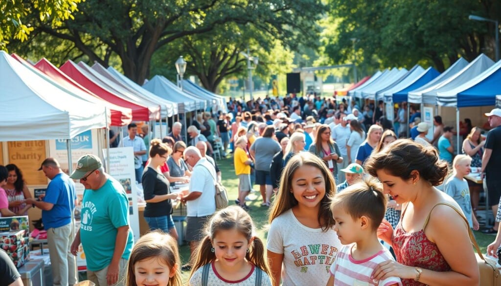 A bustling outdoor community event, with a vibrant array of tents and booths showcasing local charity organizations. In the foreground, families and children engage in interactive activities, their faces alight with excitement. The middle ground features informational displays and volunteers enthusiastically sharing details about their causes. In the background, a lively atmosphere is created by live music, food vendors, and a crowd of engaged attendees, all under the warm glow of natural sunlight filtering through the trees. A sense of unity, community, and a shared commitment to supporting local charities permeates the scene.