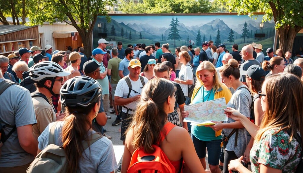 A bustling outdoor community gathering, with people of diverse backgrounds engaged in dynamic conversations and activities. In the foreground, a group of hikers and cyclists discuss trail maps and share gear recommendations under warm, natural lighting. In the middle ground, local business owners showcase their products and services to an attentive audience. In the background, a mural depicting the area's natural beauty sets the stage for this vibrant, inclusive scene. The atmosphere is one of collaboration, discovery, and a shared passion for the great outdoors.