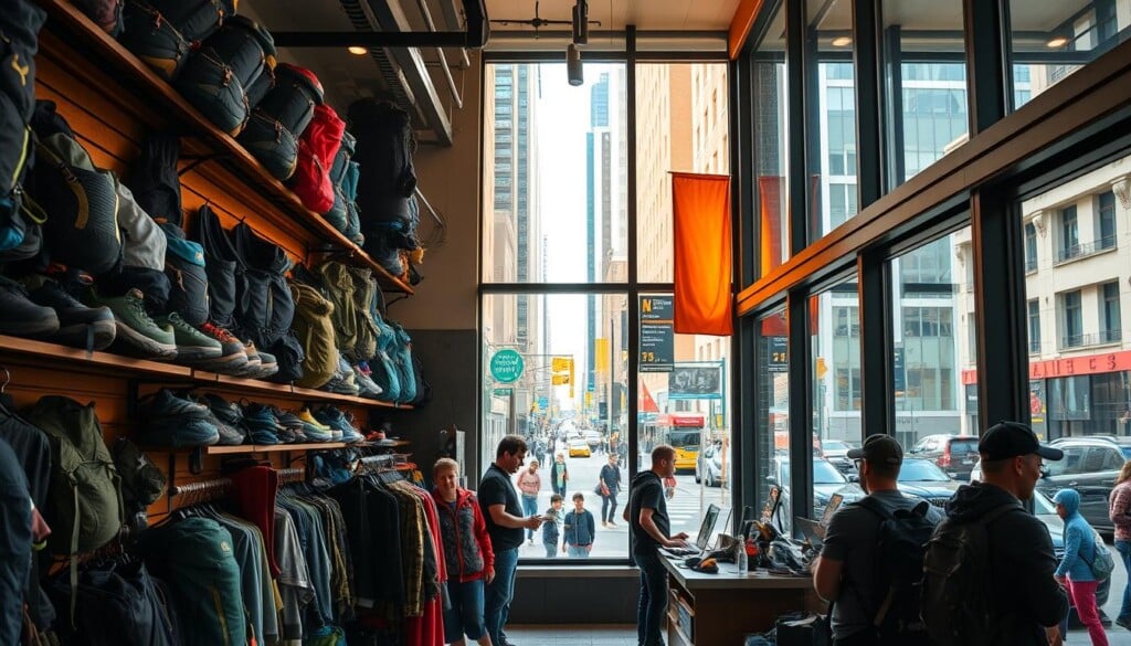 A bustling outdoor gear shop in the heart of a major city, the storefront windows display an array of camping equipment, hiking backpacks, and athletic apparel. Shelves are neatly stocked with the latest outdoor adventure essentials, while friendly staff assist customers. Warm, natural lighting filters through large windows, casting a cozy glow over the scene. The overall atmosphere evokes a sense of exploration and the great outdoors, drawing in both experienced adventurers and casual enthusiasts. In the background, the busy streets of the city are visible, hinting at the urban setting that provides a convenient hub for these popular outdoor gear destinations.