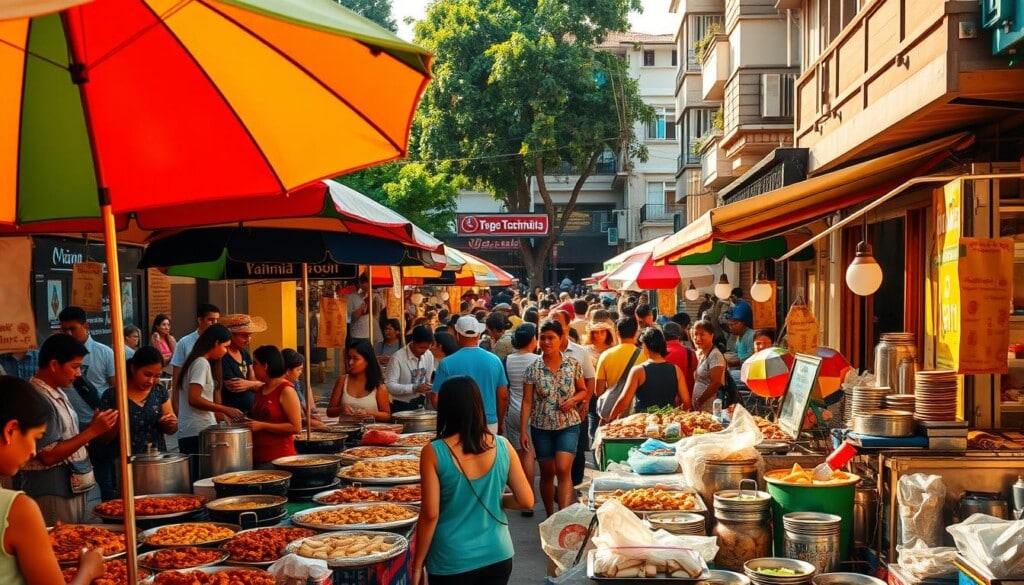 A bustling outdoor market in a vibrant Cambodian neighborhood, filled with the aroma of sizzling street food stalls. In the foreground, a row of colorful umbrellas shade an array of authentic Cambodian dishes - fragrant curries, crisp spring rolls, and steaming bowls of noodles. In the middle ground, lively crowds weave between vendors, sampling the diverse flavors. The background is a blend of traditional architecture and modern storefronts, hinting at the fusion of old and new that defines the Cambodian culinary experience. Warm, golden sunlight bathes the scene, conveying a welcoming, energetic atmosphere.
