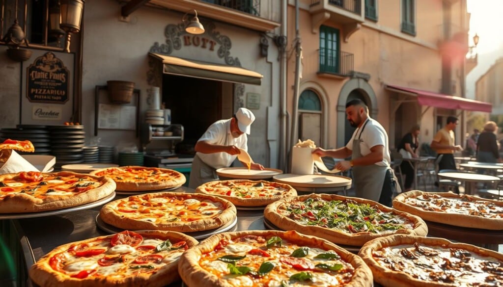 A bustling outdoor pizza parlor, with a vibrant array of must-try pies displayed in the foreground. The scene is bathed in warm, golden light from the afternoon sun, casting a cozy, inviting atmosphere. In the middle ground, skilled pizzaiolos expertly toss and stretch dough, assembling the signature creations with care. The background features a quaint, historic Italian-style building, its facade adorned with ornate architectural details. The composition emphasizes the artistry and cultural traditions inherent in the craft of pizza-making, capturing the essence of this beloved culinary art.