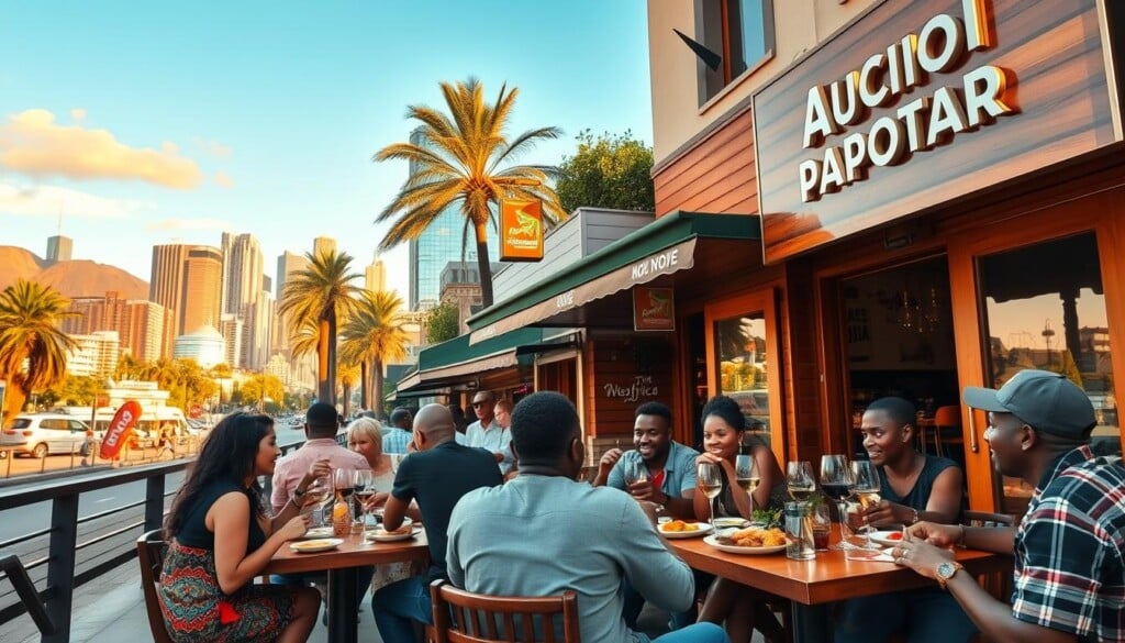 A bustling outdoor scene of a South African restaurant in a vibrant urban setting. In the foreground, a group of friends enjoying a lively meal, plates of traditional dishes and glasses of wine on the table. The middle ground features the restaurant's inviting facade, with wooden accents and colorful signage. In the background, a vibrant cityscape with skyscrapers and palm trees, bathed in warm, golden afternoon light. The atmosphere is lively and convivial, capturing the benefits of choosing a local, authentic South African eatery - a chance to savor the flavors of the country, immerse oneself in the culture, and connect with the community.