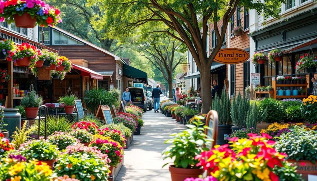 A bustling outdoor scene showcasing the vibrant community of local gardening businesses. In the foreground, an array of lush, colorful planters and hanging baskets on display, inviting passersby to explore. In the middle ground, a quaint independent nursery with rustic wooden signs and an abundance of verdant shrubs and flowers. In the background, a charming main street dotted with other locally-owned garden centers, their storefronts adorned with seasonal décor. Warm, natural lighting filters through the trees, casting a soft, inviting glow across the scene. The overall atmosphere exudes a sense of local pride, community, and a passion for cultivating beautiful outdoor spaces.