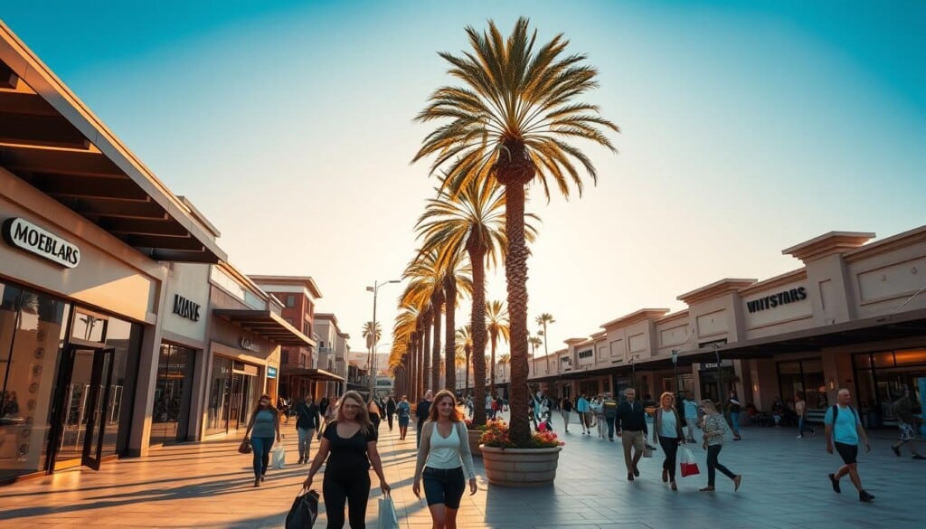 A bustling outdoor shopping plaza, its expansive layout dotted with rows of chic retail stores and designer outlets. The sun casts a warm, golden glow across the scene, illuminating the architectural details and lively foot traffic. In the foreground, shoppers stroll leisurely, bags in hand, while in the distance, the silhouettes of towering palm trees sway gently against a clear, azure sky. The overall atmosphere exudes a sense of upscale sophistication and relaxed consumerism, catering to the discerning tastes of the modern American shopper.