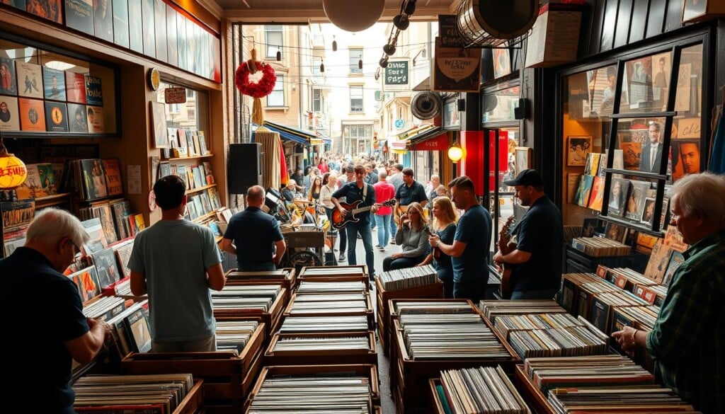 A bustling record store at the heart of a vibrant community. The storefront is adorned with colorful vinyl displays and lively window displays, inviting passersby to explore the diverse music selection. In the foreground, customers browse through crates, exchanging stories and recommendations with the friendly staff. In the middle ground, a local band performs on a small stage, energizing the crowd with their soulful tunes. The background reveals a lively street scene, with people of all ages mingling, chatting, and enjoying the sense of community that the record store has fostered. Warm, natural lighting and a cozy, intimate atmosphere pervade the space, creating a welcoming and immersive experience for music enthusiasts.