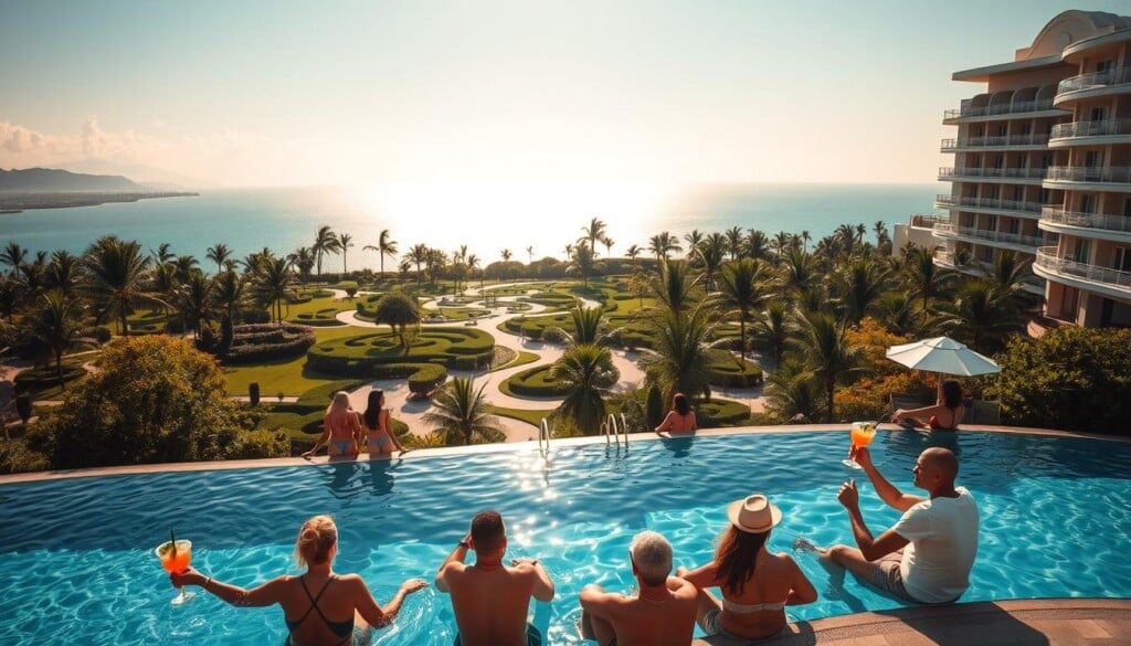 A bustling resort scene capturing the daily activities that maximize a luxurious stay. In the foreground, guests relax poolside, sipping tropical cocktails under the warm glow of the sun. The middle ground features lush, verdant gardens with winding paths leading to a grand, elegant hotel. In the background, a panoramic view of the coastline with glistening azure waters and a cloudless sky. The lighting is soft and natural, evoking a serene, calming atmosphere. The camera angle is slightly elevated, offering a sweeping perspective that showcases the resort's picturesque setting and the vibrant, yet tranquil, energy of the guests' daily indulgences.