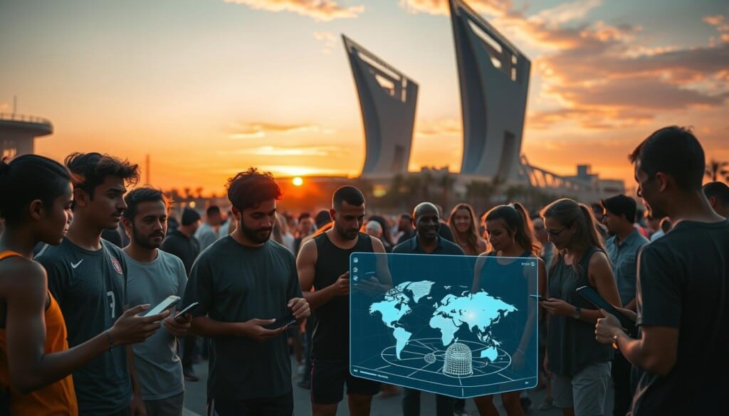 A bustling scene of a sports non-profit hub, illuminated by warm hues of an evening sunset. In the foreground, a group of young athletes animatedly discuss the latest wearable tech on their smart devices, their faces aglow with excitement. In the middle ground, a team of innovative designers huddle around a holographic display, mapping out plans for a cutting-edge training facility. Beyond, the silhouettes of towering futuristic structures cast long shadows, symbolizing the organization's commitment to technological advancement and its impact on the community. The atmosphere is one of collaborative energy, where the fusion of sports and technology empowers individuals and transforms lives.
