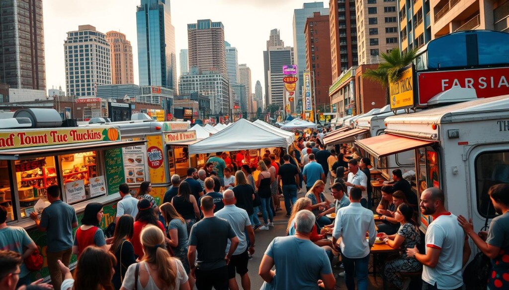 A bustling scene of food truck vendors serving up delectable street fare. In the foreground, colorful food trucks with vibrant graphics and tantalizing aromas waft through the air. Customers line up eagerly, chatting and perusing menus. In the middle ground, tented seating areas provide a cozy respite, where diners savor their meals against a backdrop of lively music and laughter. The background features a diverse urban landscape, with towering buildings, neon signage, and a sense of energy and community. The lighting is warm and inviting, casting a golden glow over the entire scene. A wide-angle lens captures the full dynamism of this vibrant food truck gathering, showcasing the role these mobile eateries play in the thriving street food culture.