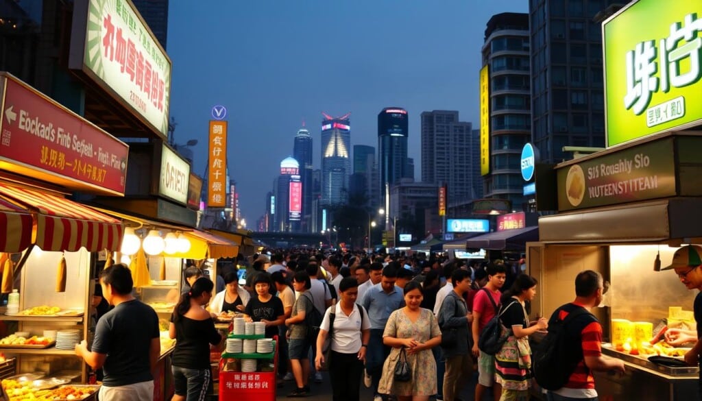 A bustling scene of local food vendors set against a vibrant urban backdrop. In the foreground, various colorful food stalls and carts offer an enticing array of dishes, their owners greeting passersby with warm smiles. The middle ground features a lively crowd of locals and tourists, weaving between the vendors and sampling the diverse culinary offerings. In the background, a cityscape of towering buildings and neon signs creates an energetic, metropolitan atmosphere, illuminated by the soft, golden glow of evening light. The overall mood is one of authentic, community-driven food culture, capturing the essence of discovering local street eats.