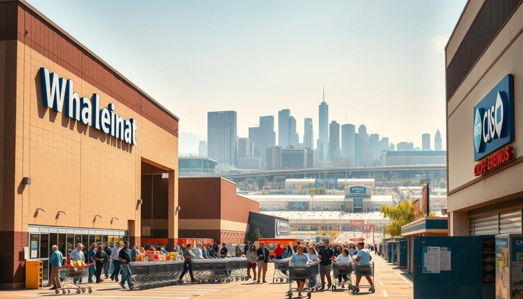 A bustling scene of popular wholesale stores across the United States, captured in a wide-angle photograph. The foreground features the entrance of a large warehouse-style building, its facade adorned with prominent signage showcasing the store's name. Rows of shopping carts and a steady flow of customers move through the entry, creating a sense of activity and commerce. In the middle ground, additional stores can be seen, their distinct architectural styles and logos reflecting the diversity of wholesale options available. The background is filled with a cityscape of skyscrapers, highways, and other urban infrastructure, conveying the scale and ubiquity of these wholesale destinations within the American landscape. The lighting is warm and natural, casting a welcoming glow over the entire scene. The overall mood is one of efficiency, opportunity, and the common pursuit of bulk savings.