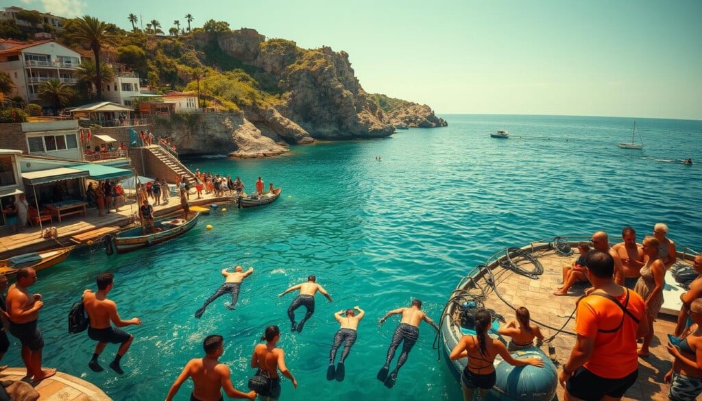 A bustling seaside town, sun-soaked and alive with the rhythms of the ocean. In the foreground, a group of free divers emerge from the crystalline waters, their bodies lithe and graceful. Nearby, a local dive shop owner engages with the community, sharing knowledge and offering gear. In the middle ground, families and curious onlookers gather, watching intently as the divers demonstrate their techniques. The background is a panoramic vista of rugged cliffs, swaying palm trees, and the endless expanse of the deep blue sea. Warm, diffused lighting casts a golden glow, creating an atmosphere of tranquility and adventure. A wide-angle lens captures the energy and interconnectedness of this vibrant free diving community.