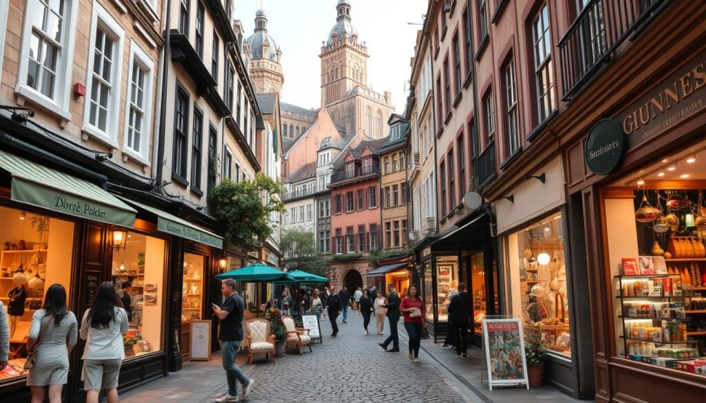 A bustling shopping district with quaint specialty stores lining cobblestone streets. In the foreground, customers browse through the windows of independent boutiques, artisan craft shops, and gourmet food emporiums. The middle ground features a mix of traditional storefronts and hidden alleyways, creating an intimate, lively atmosphere. In the background, towering buildings with ornate facades suggest a historic, European-inspired setting, illuminated by warm, natural lighting. The scene conveys a sense of discovery, exploration, and a premium shopping experience far removed from the homogeneity of big box stores.