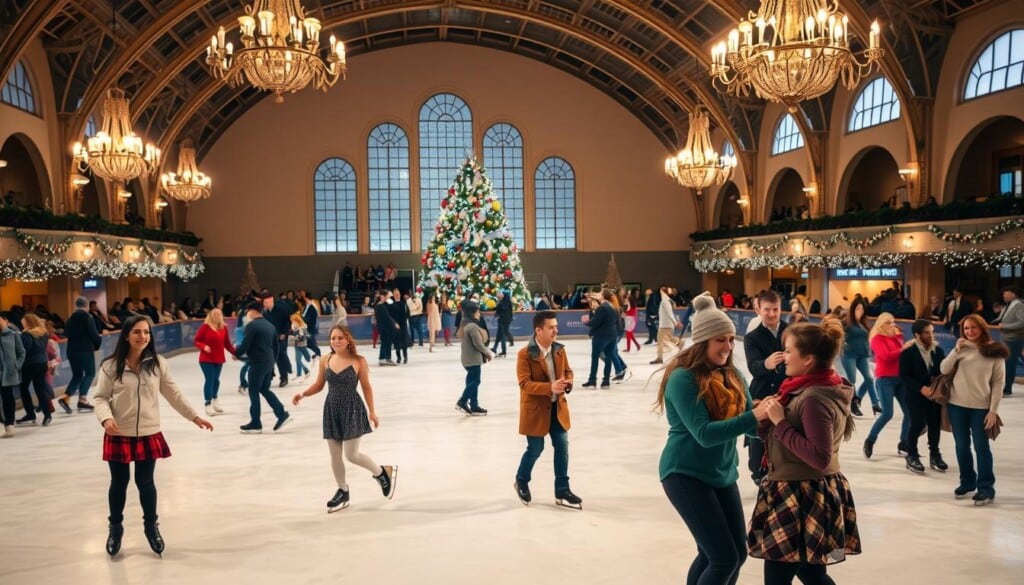 A bustling skating rink at a special event, with skaters gracefully gliding across the ice under the warm glow of soft lighting. In the foreground, a group of friends laughing and twirling, their colorful outfits and lively movements capturing the energy of the occasion. In the middle ground, couples and families enjoying the festive atmosphere, some posing for photos by the Christmas tree or sipping hot cocoa. The background is filled with the architectural details of the rink, from the high ceilings and arched windows to the vintage chandeliers casting a cozy ambiance over the scene. The overall mood is one of joy, celebration, and the magic of winter skating.