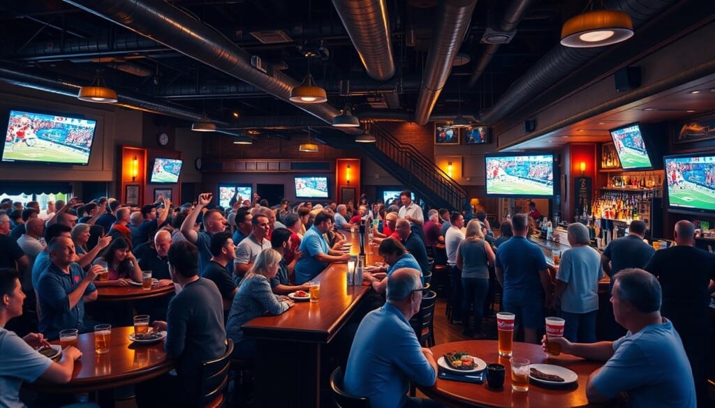 A bustling sports bar filled with passionate fans cheering on their local teams. In the foreground, patrons gather around high-top tables, sipping craft beers and sharing plates of classic pub fare. The middle ground features a long, polished bar with attentive bartenders serving up cocktails and mixing up signature drinks. In the background, large-screen TVs showcase the latest game, their vibrant displays casting a warm, inviting glow across the space. The atmosphere is electric, with the sounds of laughter, conversation, and the roar of the crowd creating a lively, community-driven experience. Soft, directional lighting and a cozy, welcoming ambiance evoke a sense of neighborhood camaraderie and support for local businesses.