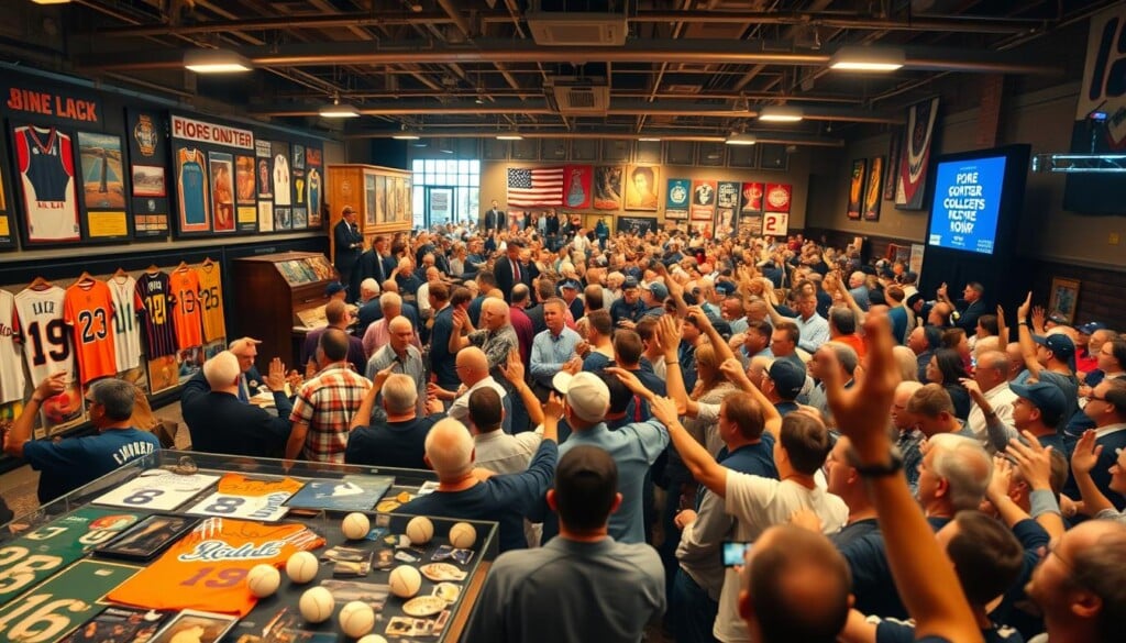 A bustling sports collectible auction house, filled with eager bidders and enthusiastic collectors. In the foreground, a variety of prized memorabilia is on display, from vintage jerseys to signed baseballs, all meticulously curated and presented under warm, golden lighting. In the middle ground, auctioneers command the stage, their voices echoing through the hall as they guide the bidding process. The background is a sea of raised hands, animated faces, and the electric atmosphere of a competitive, yet communal, experience. The entire scene is captured with a wide-angle lens, providing a sense of scale and immersion, inviting the viewer to feel part of the engaging collectible community.