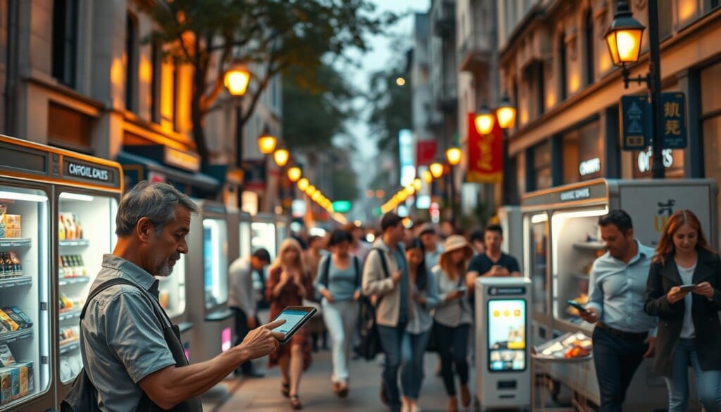 A bustling street corner, illuminated by warm, golden-hued streetlights. In the foreground, a street vendor skillfully operates a tablet, processing mobile payments and accessing inventory data. The middle ground showcases a variety of tech-enabled vending carts, each equipped with sleek, modern displays and contactless payment terminals. In the background, a vibrant mix of pedestrians, from young professionals to families, navigates the scene, their smartphones in hand, seamlessly integrating digital and physical experiences. The atmosphere is one of urban dynamism, where traditional street vending has been seamlessly infused with cutting-edge technology, creating a harmonious and efficient ecosystem.