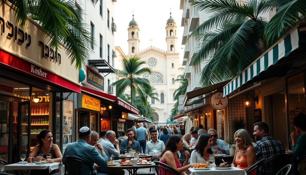 A bustling street in Miami's vibrant Kosher district, sun-dappled storefronts adorned with Hebrew script and colorful awnings. In the foreground, a group of diners savoring traditional dishes at an intimate outdoor cafe, their laughter and conversation creating a lively atmosphere. Farther back, a grand synagogue stands tall, its ornate architecture a testament to the area's strong Jewish heritage. Soft, warm lighting bathes the scene, capturing the welcoming, family-friendly ambiance of this Kosher culinary oasis amidst the lively, subtropical energy of Miami.
