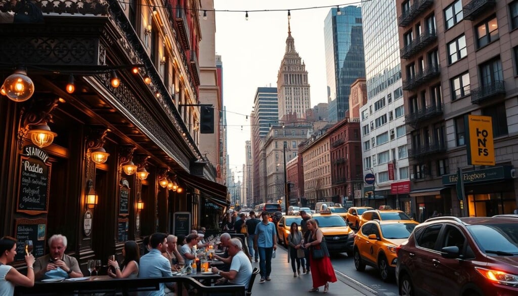 A bustling street in New York City's vibrant Catalan neighborhood, with outdoor seating at an authentic Spanish restaurant. In the foreground, diners enjoy tapas and sangria under the warm glow of string lights. The middle ground features the restaurant's ornate facade, with intricate architectural details and a chalkboard menu spilling out onto the sidewalk. In the background, skyscrapers and yellow cabs create a quintessential NYC skyline, bathed in a soft, golden hour light. The overall atmosphere evokes the lively, convivial spirit of Catalan cuisine and culture, transplanted to the heart of Manhattan.