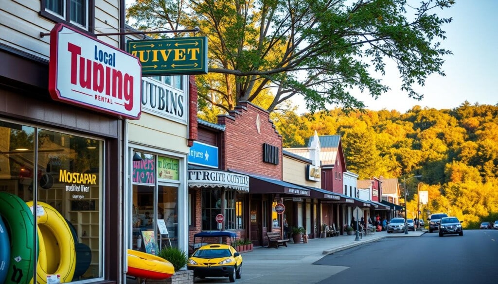 A bustling street in a charming small town, lined with quaint local tubing businesses. In the foreground, a vibrant storefront with a colorful tubing rental sign beckons adventurers. Well-maintained tubes and kayaks are neatly displayed in the window, inviting passersby to explore the nearby river. The middle ground features other tubing outfitters, each with their own unique character - some rustic and cozy, others modern and sleek. In the background, the lush, verdant landscape frames the scene, hinting at the natural wonders waiting to be discovered. Warm, golden evening light bathes the entire composition, creating a welcoming and inviting atmosphere.