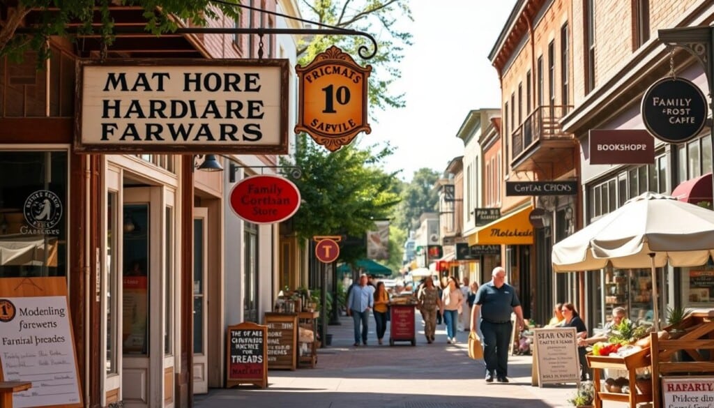 A bustling street in a quaint downtown, lined with independent storefronts and mom-and-pop shops. Sun-dappled sidewalks lead past a lively farmers market, where local vendors offer fresh produce, artisanal breads, and handcrafted goods. In the foreground, a family-owned hardware store stands tall, its old-fashioned sign and weathered facade exuding a sense of community and tradition. Beyond, a cozy bookshop and a charming local café invite passersby to linger and explore. The scene is bathed in a warm, golden light, conveying a welcoming, intimate atmosphere that celebrates the unique character of the neighborhood.