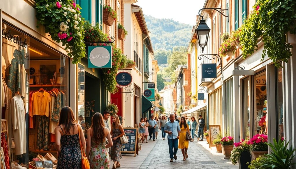 A bustling street in a quaint town, showcasing the vibrant local shops and businesses. In the foreground, a group of people browsing vibrant window displays filled with unique fashion items and accessories. The middle ground features charming storefronts with hand-painted signs and floral arrangements, exuding a sense of community and personal touch. The background is a picturesque streetscape, with cobblestone pathways, wrought-iron lampposts, and lush greenery adding to the cozy, inviting atmosphere. Warm, natural lighting casts a golden glow, highlighting the energy and connection of the local shopping experience.