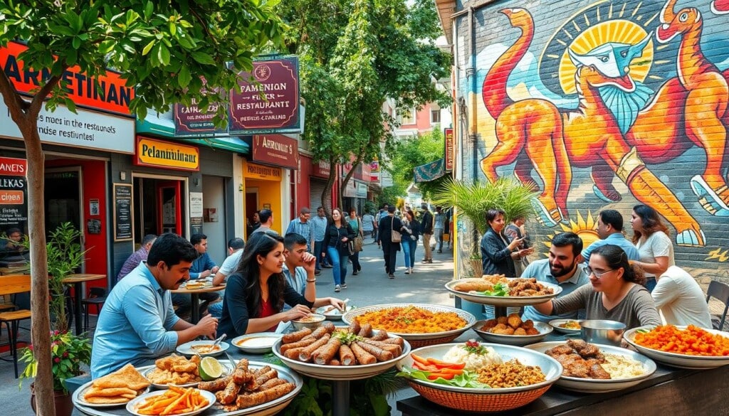 A bustling street in a vibrant Armenian neighborhood, with vibrant storefronts and signage advertising the best local restaurants. In the foreground, a group of friends enjoying a meal at an outdoor cafe, surrounded by lush greenery and the aroma of sizzling kebabs. The middle ground showcases the diverse cuisine, from lavish platters of dolma and khorovats to steaming plates of losh and harissa, all captured in a warm, natural lighting. In the background, a striking mural depicting traditional Armenian imagery frames the scene, creating a sense of cultural authenticity. The overall atmosphere is lively, welcoming, and inviting, capturing the essence of the top Armenian food spots.