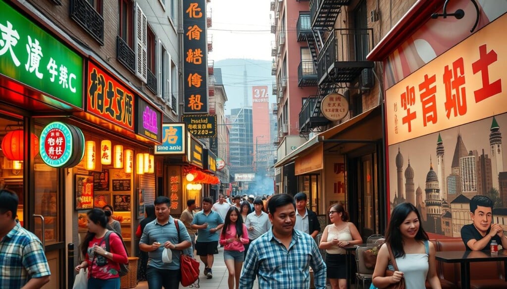 A bustling street in a vibrant Chinese-American neighborhood, showcasing a row of local Shanghaies restaurants. The storefronts feature vibrant neon signs, traditional architectural details, and a lively atmosphere. In the foreground, people stroll by, carrying takeout bags and chatting animatedly. The mid-ground features outdoor seating areas, where patrons enjoy steaming dumplings and sizzling dishes. In the background, a mural depicting iconic Shanghaies landmarks adds a sense of cultural pride. Warm, golden lighting filters through the scene, creating a cozy, welcoming ambiance. The overall composition conveys the importance of supporting these small, family-owned businesses that are the heart of the local community.