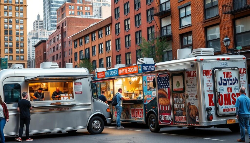 A bustling street in a vibrant Jewish neighborhood, where kosher food trucks line the curb, their colorful and distinctive designs catching the eye. The aroma of freshly grilled meats, sizzling falafel, and fragrant spices fills the air, drawing in a diverse crowd. In the foreground, a sleek silver truck with bold Hebrew lettering serves up classic dishes like steaming Matzo ball soup, while another offers a modern twist on traditional delicacies. In the middle ground, a food truck with a wood-fired oven bakes fresh challah and crisp, golden-brown bagels. The background is a blend of historic brick buildings and modern high-rises, creating a dynamic urban setting that celebrates the fusion of old and new in the kosher culinary scene.