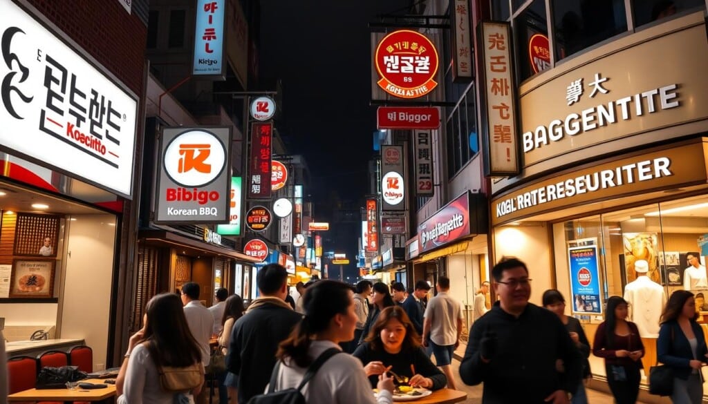 A bustling street in a vibrant Korean neighborhood, with prominent signs and logos of popular Korean restaurant chains like Bibigo, Kogi Korean BBQ, and Paris Baguette. The scene is well-lit, with warm, inviting lighting highlighting the modern, sleek facades of the establishments. In the foreground, a group of diners enjoying a shared meal, while in the background, people hurry past, creating a sense of energy and activity. The overall atmosphere conveys the popularity and widespread appeal of Korean cuisine, as the image contrasts the familiarity of these national chains with the potential discovery of local, independent Korean restaurants.