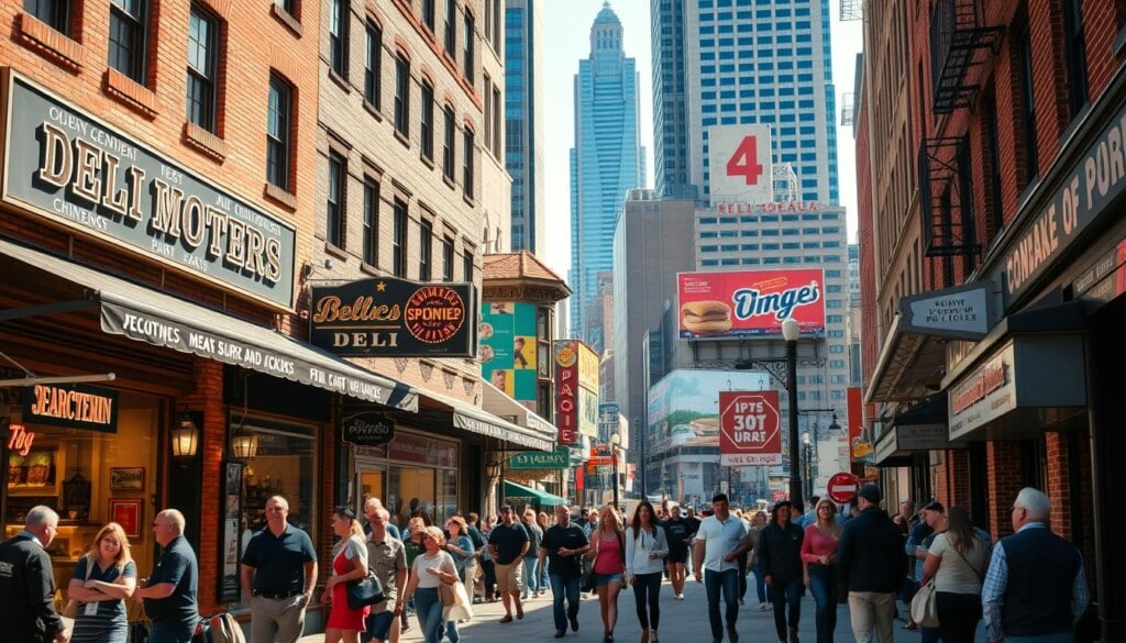 A bustling street in a vibrant city, with a row of distinctive deli storefronts lining the sidewalk. The buildings have classic brick facades, adorned with neon signs and awnings showcasing their specialties: from delicatessen meats and cheeses to fresh-baked bread and homemade pickles. Patrons spill out onto the street, chatting animatedly as they carry their lunchtime fare. In the background, towering skyscrapers and billboards add to the urban energy. Crisp, natural lighting illuminates the scene, casting warm shadows and highlighting the vibrant colors of the storefronts. The overall atmosphere is one of bustling activity, community, and the promise of exceptional, locally-sourced delicacies.