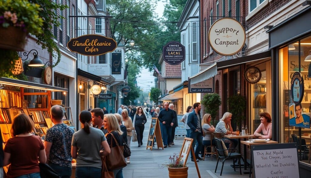 A bustling street in a vibrant local neighborhood, lined with small businesses and storefronts. In the foreground, a group of people are gathered around a local artisan's booth, examining their handcrafted wares. In the middle ground, a charming cafe with outdoor seating is filled with patrons enjoying local cuisine and chatting animatedly. In the background, a mix of independent shops, family-owned restaurants, and local art galleries create a lively, community-driven atmosphere. Soft, warm lighting illuminates the scene, casting a cozy, inviting glow. The overall mood is one of support, connection, and celebration of the unique local culture.