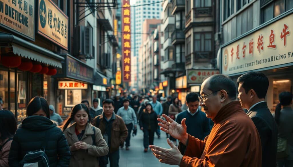 A bustling street in a vibrant urban center, lined with traditional Chinese storefronts and signage. In the foreground, a group of locals consult with a TCM practitioner, their faces illuminated by warm, natural lighting. The practitioner, clad in traditional robes, gestures animatedly as they discuss herbal remedies and acupuncture treatments. In the middle ground, passersby navigate the lively scene, offering a glimpse into the daily life of this thriving Chinese medicine community. The background features a blend of modern and historic architecture, creating a harmonious fusion of old and new. The overall mood conveys a sense of discovery, as the viewer is drawn into the rich cultural tapestry of traditional Chinese medicine.