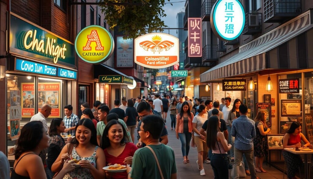 A bustling street in a vibrant urban neighborhood, with local eateries lining the sidewalks. Patrons spill out onto the pavement, enjoying delectable Laotian dishes and lively conversation. Neon signs and warm lighting cast a cozy glow, creating an atmosphere of community and connection. In the foreground, a group of friends laughing and sharing a meal, while in the background, a diverse mix of families, young professionals, and longtime residents mingle, supporting the local economy. The scene conveys the economic impact and cultural vibrancy these beloved establishments bring to the area, fostering a sense of belonging and shared experience.