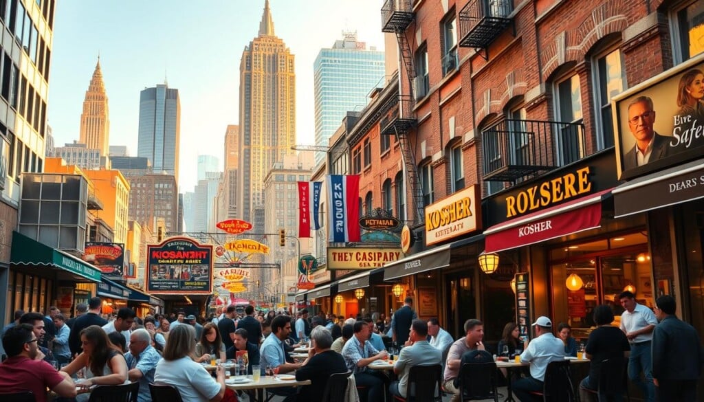 A bustling street in the heart of New York City, lined with vibrant kosher eateries. In the foreground, a group of diners enjoying a lively meal at a cozy cafe, their conversation and laughter filling the air. In the middle ground, the facades of various kosher restaurants, each with its unique architectural style and enticing aromas wafting from the kitchens. In the background, the iconic skyscrapers of the city skyline, bathed in a warm, golden light that casts a inviting glow over the entire scene. The overall atmosphere is one of energy, diversity, and a deep appreciation for the rich culinary traditions of the kosher community in this dynamic metropolis.