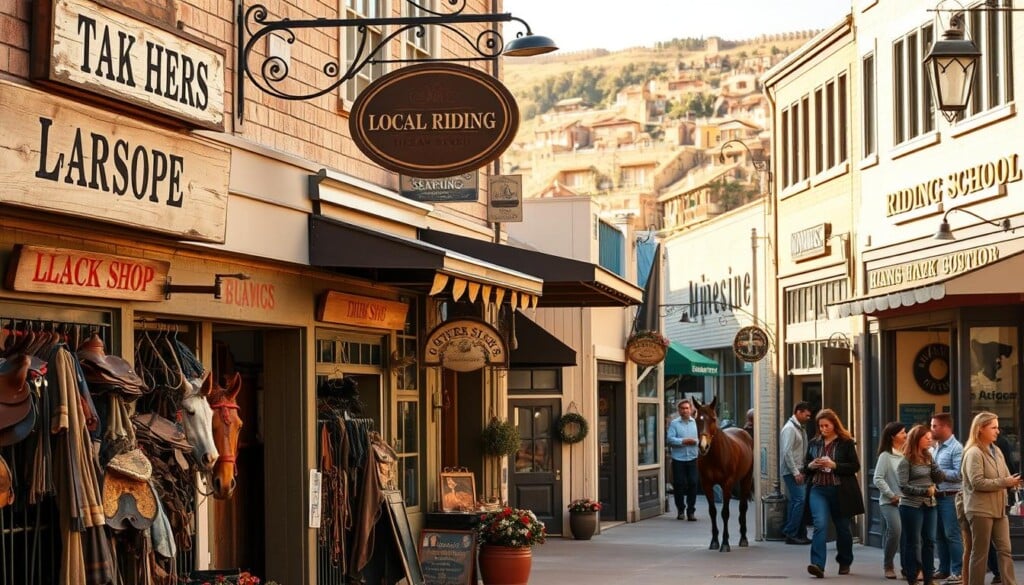 A bustling street lined with charming local riding businesses, their facades adorned with weathered wooden signs and ornate ironwork. In the foreground, a cozy tack shop displays an array of well-worn saddles, bridles, and other equestrian gear. Nearby, a stable offers grooming services, its stalls housing majestic horses peeking out curiously. In the middle ground, a riding school's doors stand open, inviting passersby to explore the joys of horseback riding. The background is a tapestry of quaint storefronts, their windows framing scenes of local artisans and craftspeople at work. The scene is bathed in warm, golden sunlight, creating a welcoming, community-driven atmosphere.