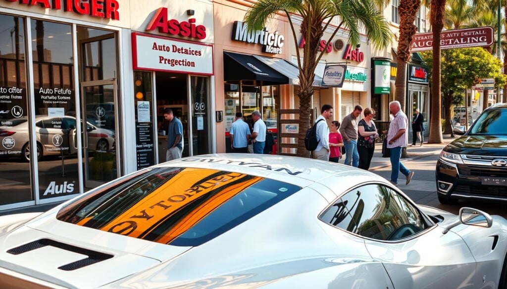 A bustling street lined with local auto detailing businesses, each offering a range of services to keep vehicles looking their best. The storefronts feature gleaming windows, meticulously polished exteriors, and inviting signage. In the foreground, a spotless sports car undergoing a full detailing treatment, its paint shimmering under the warm, natural lighting. In the background, customers peruse the offerings, discussing options with friendly staff. The scene conveys a sense of pride and attention to detail, capturing the essence of premier auto care within the vibrant local community.