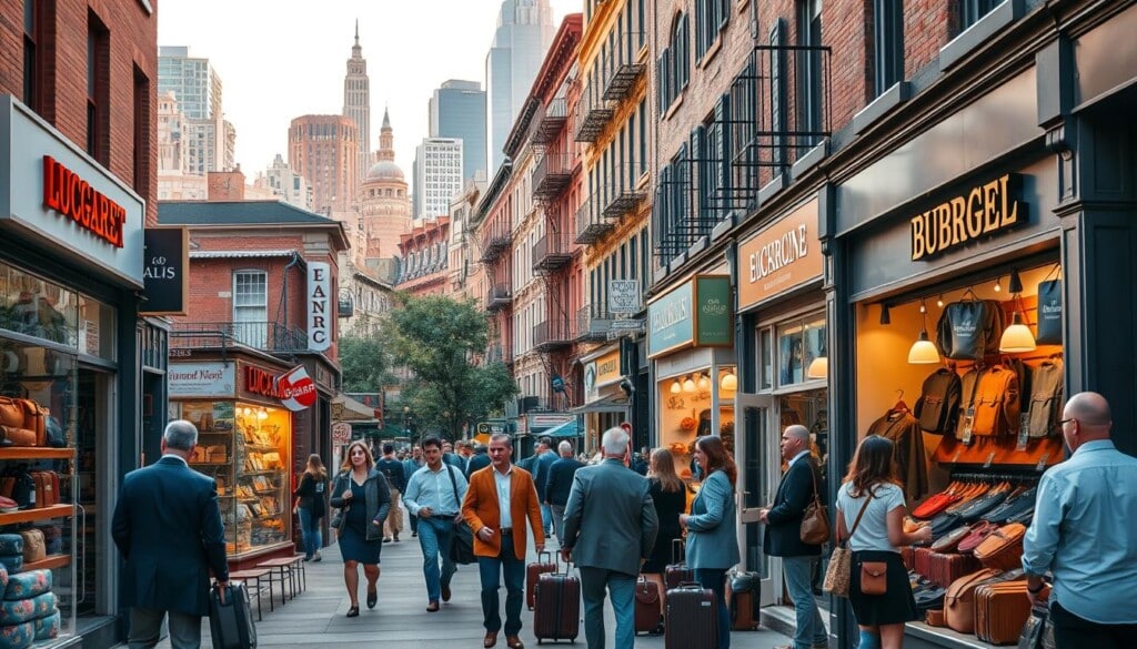 A bustling street lined with quaint local luggage shops, their windows adorned with an array of suitcases, backpacks, and leather goods. In the foreground, well-dressed customers peruse the displays, chatting animatedly with shopkeepers. The middle ground features the shops' facades, each with its unique architectural style and vibrant signage. In the background, a picturesque cityscape of brownstone buildings and towering skyscrapers, bathed in the warm glow of the afternoon sun. The scene exudes a sense of community, with pedestrians casually strolling by, adding to the lively atmosphere. The lighting is soft and natural, casting subtle shadows and highlighting the textures of the merchandise. The overall mood is one of discovery and excitement, inviting the viewer to explore these hidden gems of the local shopping district.