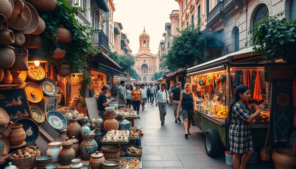 A bustling street market, awash in warm lighting and vibrant colors. In the foreground, a bountiful display of handcrafted wares - intricately woven baskets, artisanal ceramics, and vibrant textiles. Nearby, a mobile kitchen sizzles with the aroma of freshly grilled delicacies, tempting passersby with its tantalizing aromas. In the middle ground, people meander through the stalls, admiring the diverse offerings of the street vendors. The background is a rich tapestry of architectural details, lush greenery, and the energy of the urban landscape. The scene radiates a sense of community, creativity, and the joy of discovery.