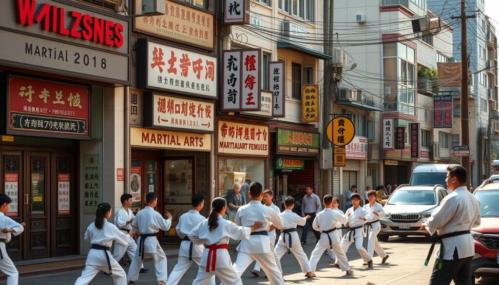 A bustling street of local martial arts schools, each with distinct signage and architectural styles. In the foreground, a group of students in traditional uniforms practice their forms under the watchful eye of their instructor. The middle ground features the facades of the schools, with ornate doors, window displays, and vibrant banners showcasing their respective disciplines. The background is filled with the lively atmosphere of the neighborhood, with pedestrians and vehicles passing by, creating a sense of energy and community. Warm, natural lighting casts a welcoming glow over the scene, inviting visitors to step inside and explore the diverse world of martial arts training.