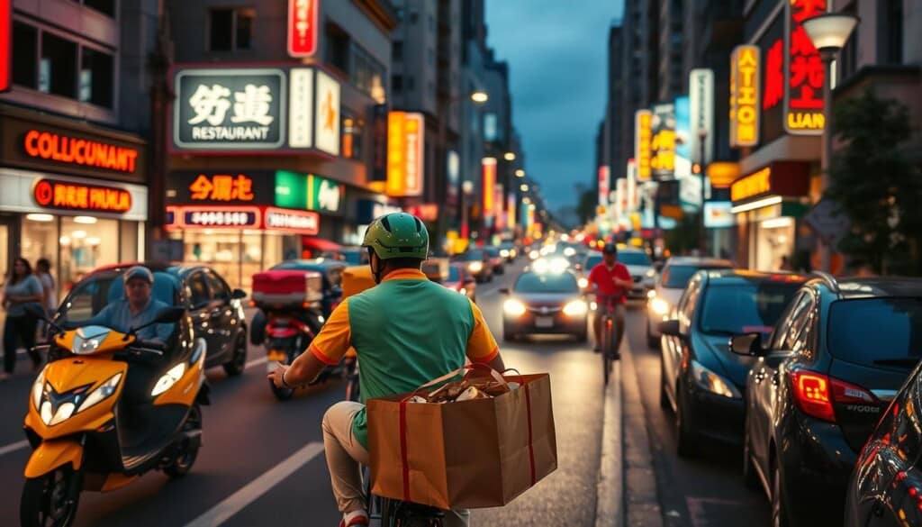 A bustling street scene at dusk, with a fleet of colorful delivery scooters and cars zipping through the urban landscape. In the foreground, a cyclist weaves through traffic, carrying a large paper bag filled with steaming hot takeout. In the middle ground, a delivery person in a bright uniform rushes to a waiting customer at the curb, handing over a paper-wrapped package. In the background, the neon signs of restaurants and fast-food joints illuminate the dimly lit streets, casting a warm glow over the dynamic scene. Crisp lighting from the street lamps and headlights creates a sense of energy and movement, capturing the rise of delivery and takeout trends in the city.