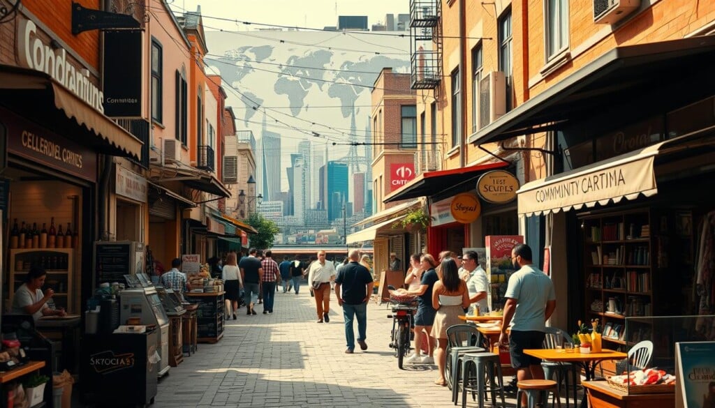 A bustling street scene depicting a vibrant local business community. In the foreground, owners and employees busily tend to their shops, cafes, and boutiques, showcasing their diverse wares and services. The middle ground highlights collaborative workspaces, community centers, and coworking hubs, where entrepreneurs network and share ideas. In the background, a mural depicts global icons and landmarks, symbolizing the local businesses' international reach and impact. Warm, natural lighting casts a welcoming glow, while a slight tilt-shift effect emphasizes the sense of a thriving, interconnected local economy contributing to broader global development initiatives.