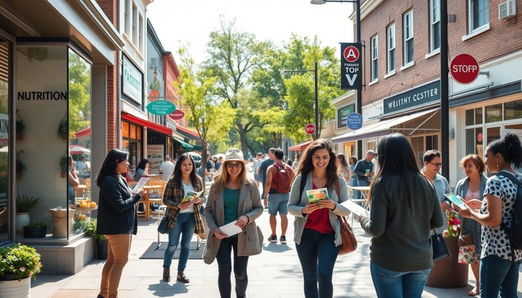 A bustling street scene featuring a diverse group of local nutritionists engaged with the community. In the foreground, a team of nutritionists stands outside their office, greeting passersby and handing out informational brochures. The middle ground showcases a mix of local businesses, including a farmer's market, a healthy eatery, and a wellness center. In the background, a sun-dappled park with lush greenery provides a serene backdrop. The overall atmosphere exudes a sense of vibrant collaboration, healthy living, and community engagement.